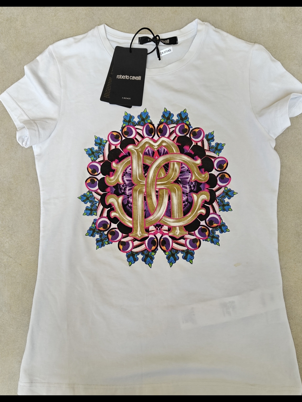 Roberto Cavalli White Tee with Multicolor Gold Monogram Medallion
